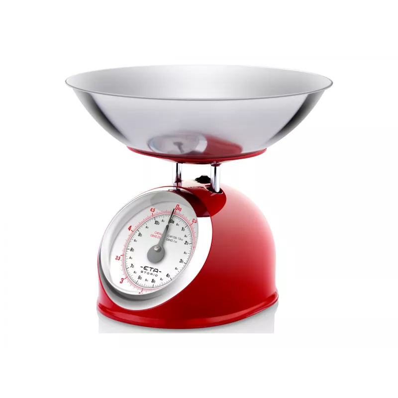 Báscula de cocina mecánica ETA ETA577790030 — capacidad 5 kg, precisión 25 g, superficie de acero inoxidable, carcasa blanca