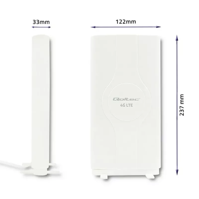 Qoltec 57013 antena omnidireccional 4G LTE de interior, 2x SMA, 0,6-2,7 GHz, 30 dBi, polarización vertical, 50 Ω, ABS blanco