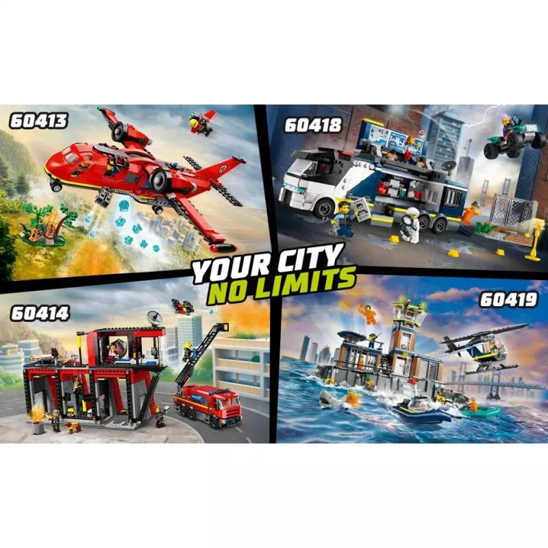 Juguete de construcción LEGO City Parque de bomberos con camión de escalera 60414 — 843 piezas, 5 minifiguras, 220×320×140 mm