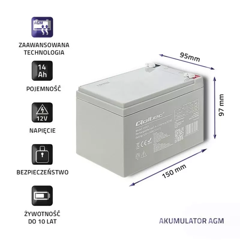Qoltec 53045 Batería AGM 12V 14Ah