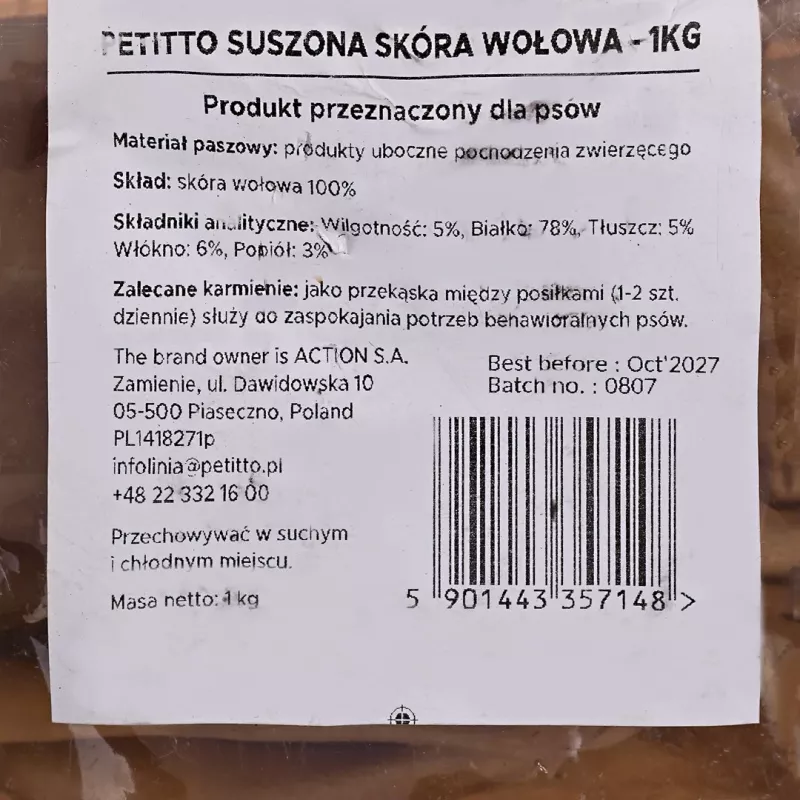 Premios para perros PETITTO piel de ternera deshidratada, paquete de 1 kg