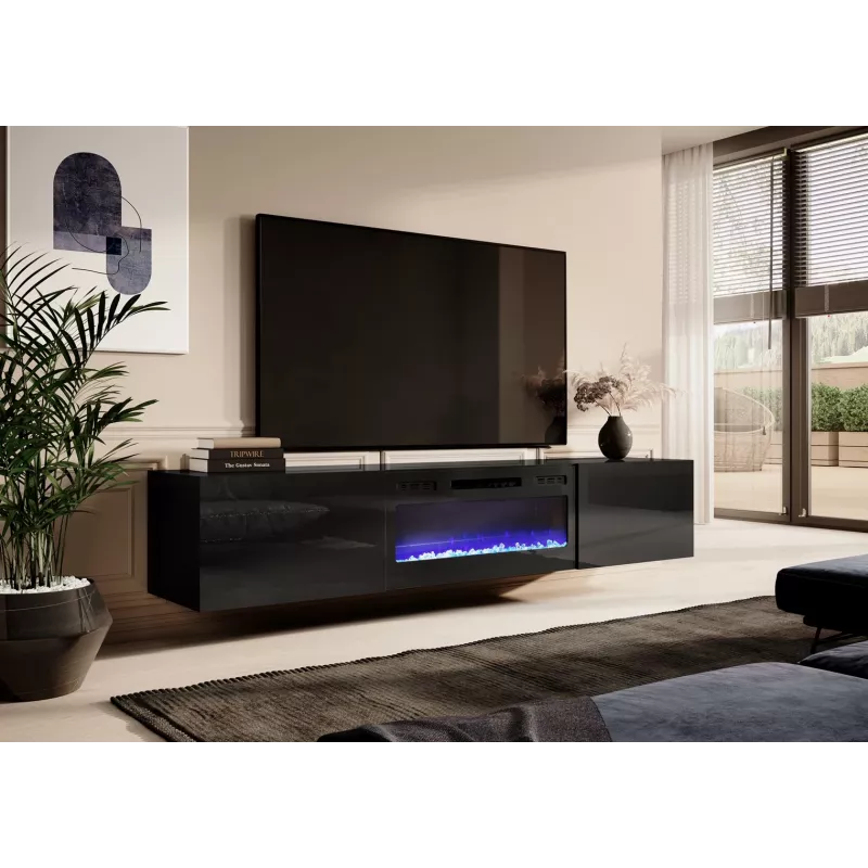 Mueble TV Cama Meble SLIDE 200K con chimenea eléctrica 200×40×37 cm negro brillante, puertas de MDF, cuerpo de tablero de partículas