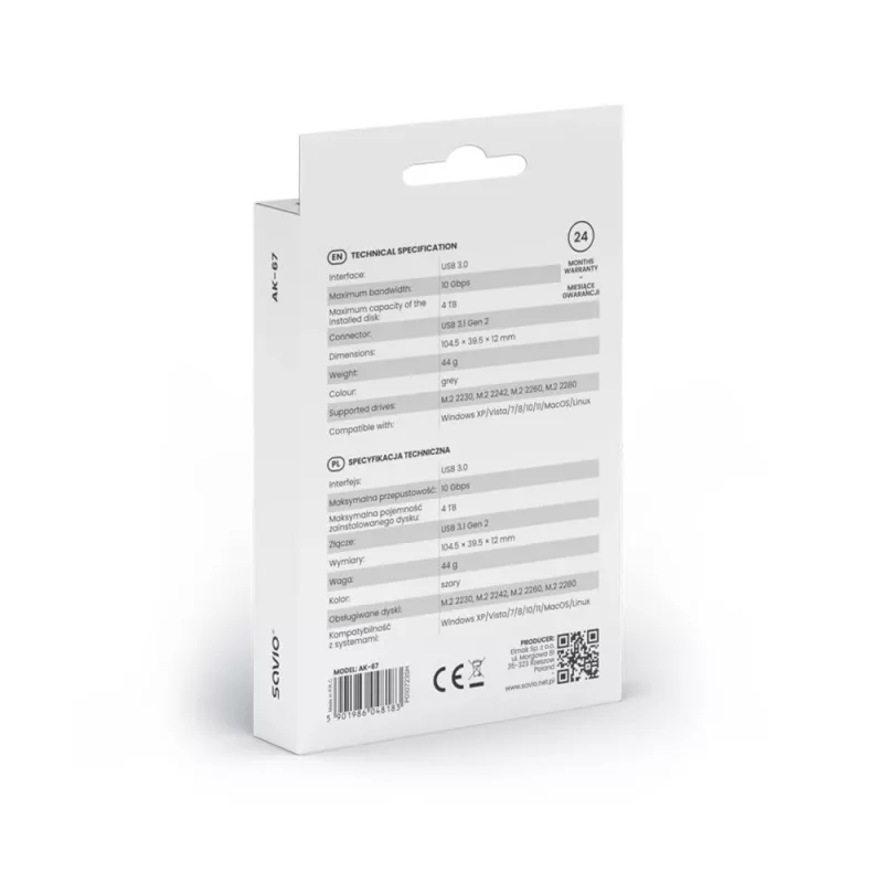 Carcasa para SSD M.2 SAVIO AK-67 Gris, USB 10 Gbit/s, compatibilidad con una unidad M.2