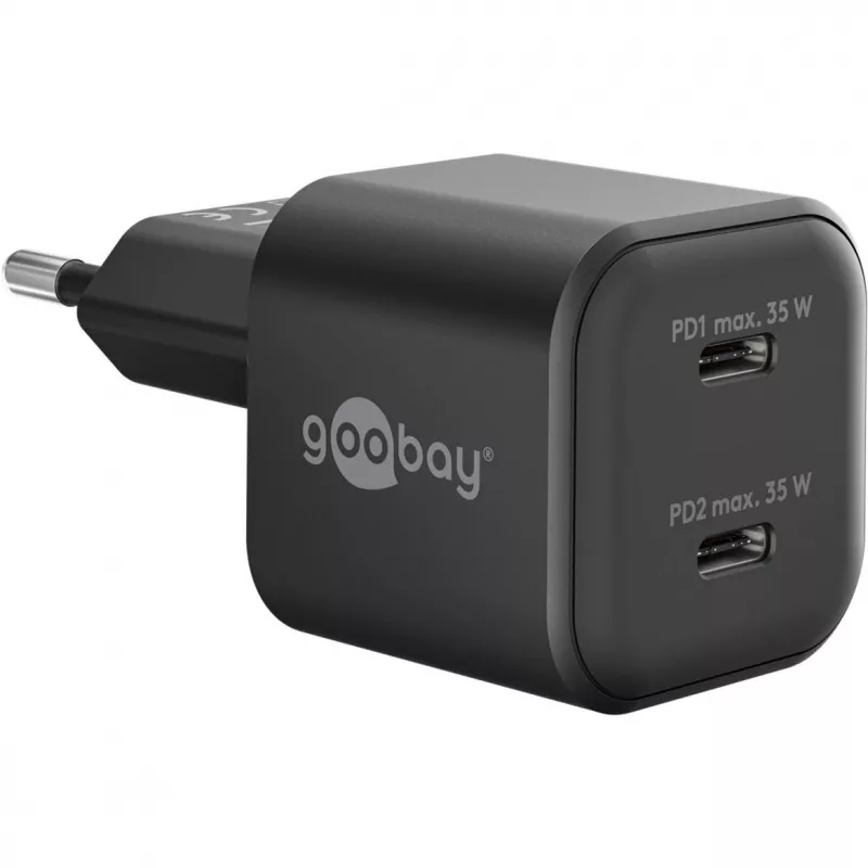 Cargador de pared GOOBAY 75333 — cargador universal AC-USB-C para interiores, 2x USB-C, 35 W, negro