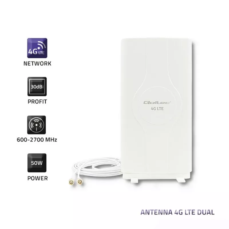 Qoltec 57013 antena omnidireccional 4G LTE de interior, 2x SMA, 0,6-2,7 GHz, 30 dBi, polarización vertical, 50 Ω, ABS blanco