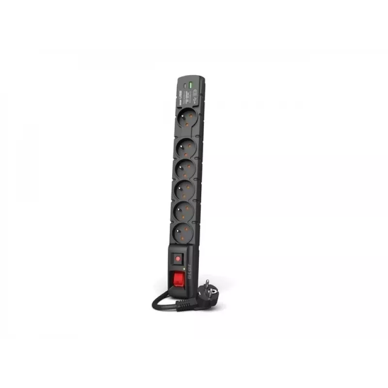 Regleta de enchufes Acar S6 protección contra sobretensiones – 6 tomas, cable de 5 m, negra