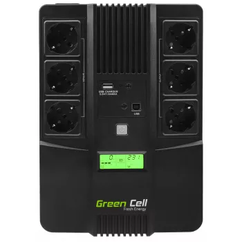 Sistema de alimentación ininterrumpida Green Cell UPS06, line-interactive 600 VA (360 W), 6 salidas AC, LCD, USB, RJ-45, batería 12 V 7 Ah