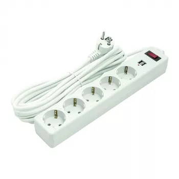 Alargador doméstico 5 m, 5 tomas, 2xUSB, con interruptor