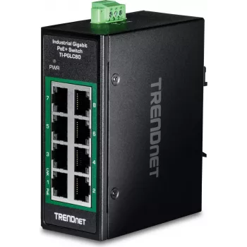 TRENDnet Switch mini industrial Gigabit PoE+ de 8 puertos para carril DIN (TI-PGLC80)