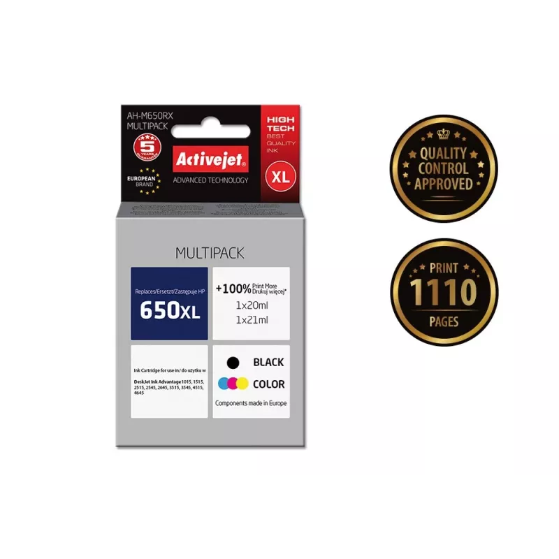 Activejet AH-M650RX Tinta (sustituto de HP 650 CZ101AE/CZ102AE; Premium; 1 x 20 ml, 1 x 21 ml; 1110 páginas, negro, color)