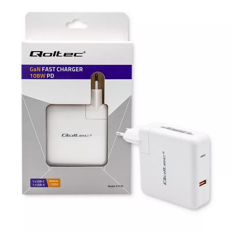 Qoltec Cargador GaN FAST 108W | 5-20V | 3-4.7A | USB C | blanco