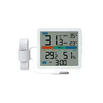 Termómetro higrómetro MANTA MTO002W con sensor exterior (150 cm), interior 0–+50 °C, exterior -40–+70 °C, humedad 20–95 % RH, indicador de confort, reloj