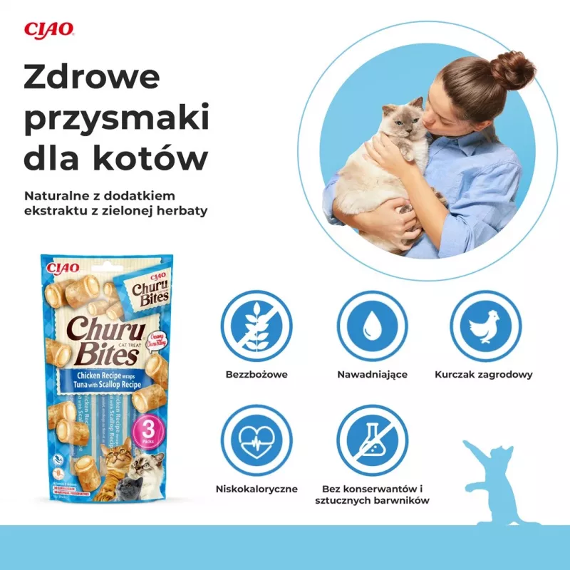 INABA Churu Bites Pollo con atún y vieiras - Snack para gatos - 3x10 g
