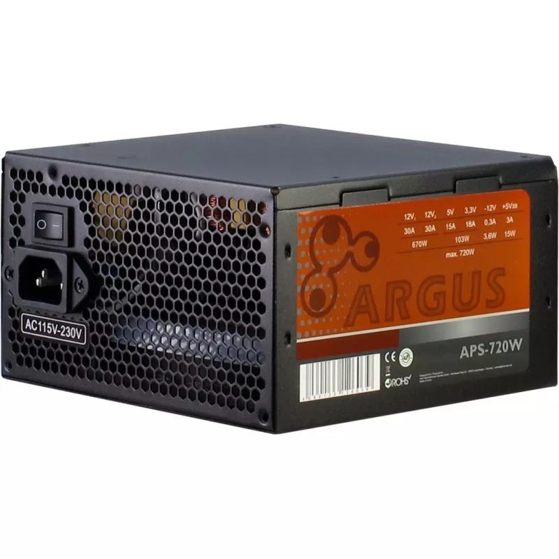 Inter-Tech Argus APS-720W fuente de alimentación, 720 W, ATX12V 2,31, 115–230 V, 47–63 Hz, ATX de 20+4 pines, PFC activo, ventilador de 120 mm, negro