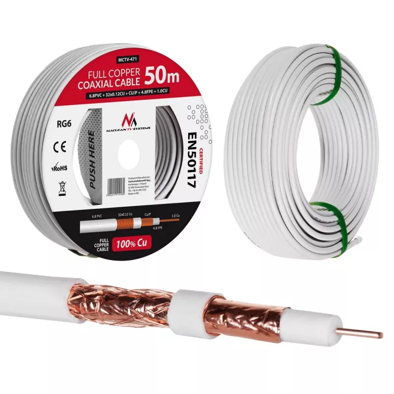 Cable coaxial Maclean MCTV-471 RG-6/U 50 m blanco
