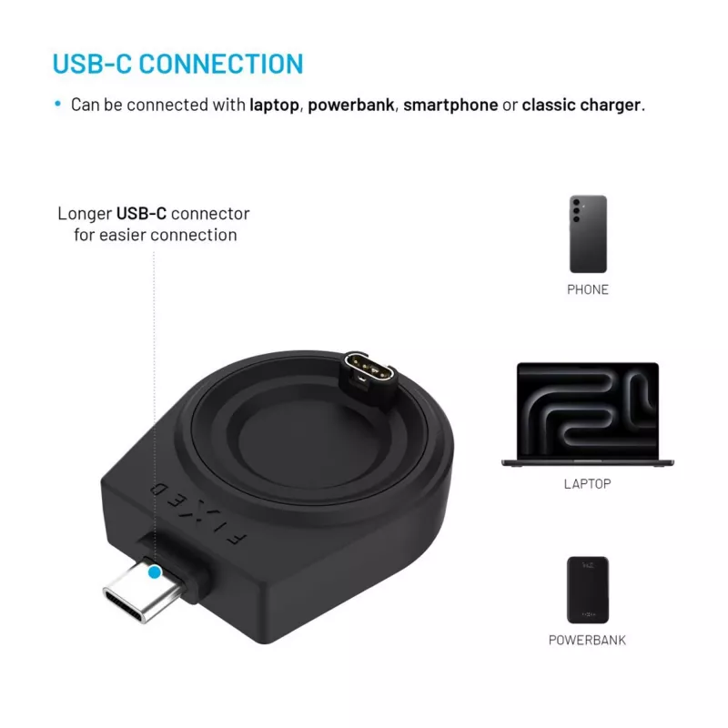 Adaptador de carga USB-C FIXED para Garmin Fenix/Epix/Venu/Vívoactive – modelos compatibles listados