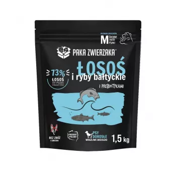Pienso seco para perros PAKA ZWIERZAKA salmón con pescado del Báltico M — alimento de mantenimiento para perros adultos, 1,5 kg, sin cereales, 29 % de proteína