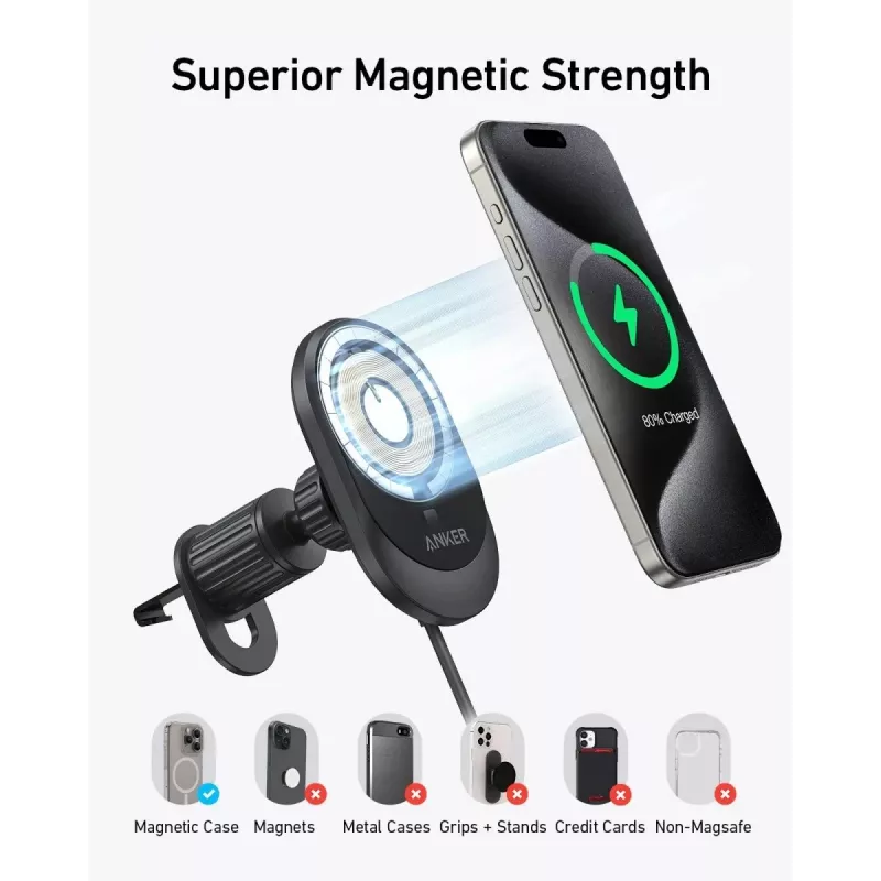 Cargador magnético inalámbrico para coche Anker MagGo 15W — Carga rápida magnética Qi de 15W para smartphones, Negro