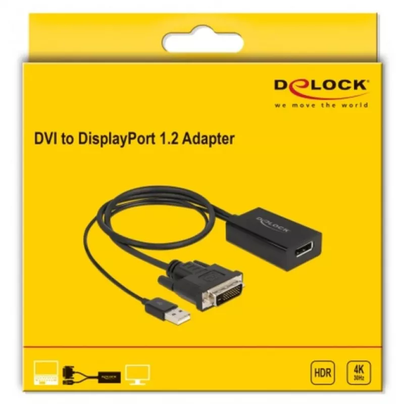 Delock - Cable adaptador - DVI-D, USB (solo alimentación) (M) a DisplayPort (H) - DisplayPort 1.2 - 50 cm - Compatible con 4K 30 Hz - Negro (63189)