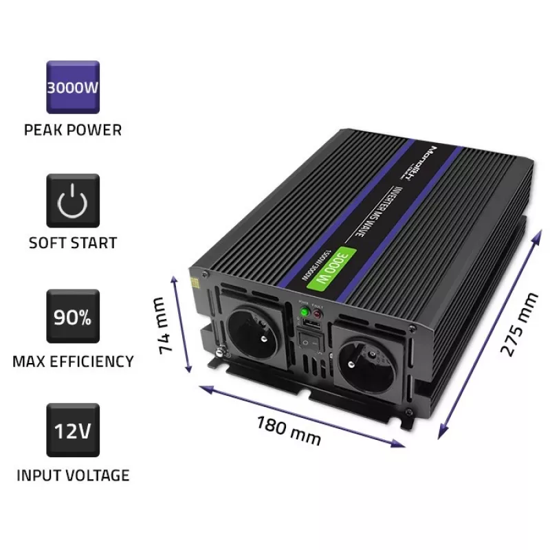 Inversor QOLTEC Monolith 3000 MS Wave, 12V→230V, 1500/3000W, con USB