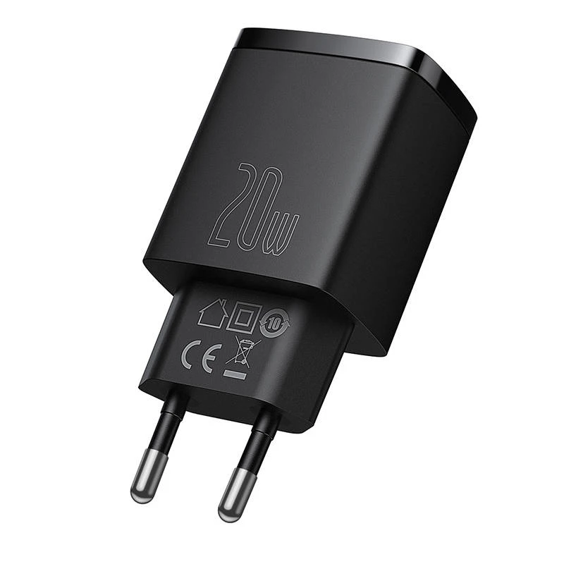 Cargador rápido USB de interior Baseus CCXJ-B01 – 2 puertos (USB-C PD 20W + USB-A QC3.0 18W), 100–240 V, negro