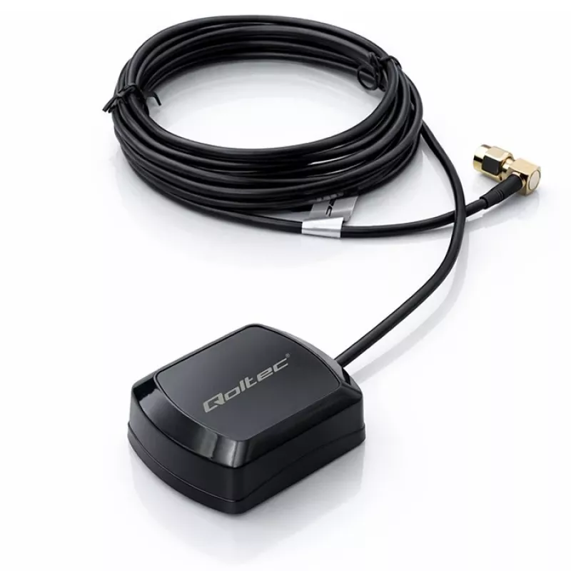 Antena GPS/GLONASS exterior QOLTEC 28 dBi 50 W con conector macho SMA en ángulo recto
