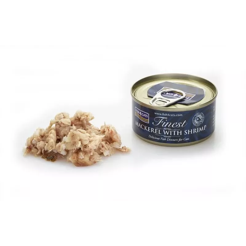 Comida húmeda para gatos FISH4DOGS Caballa con gamba 70 g — gatos adultos, sabor a pescado, lata, sin gluten