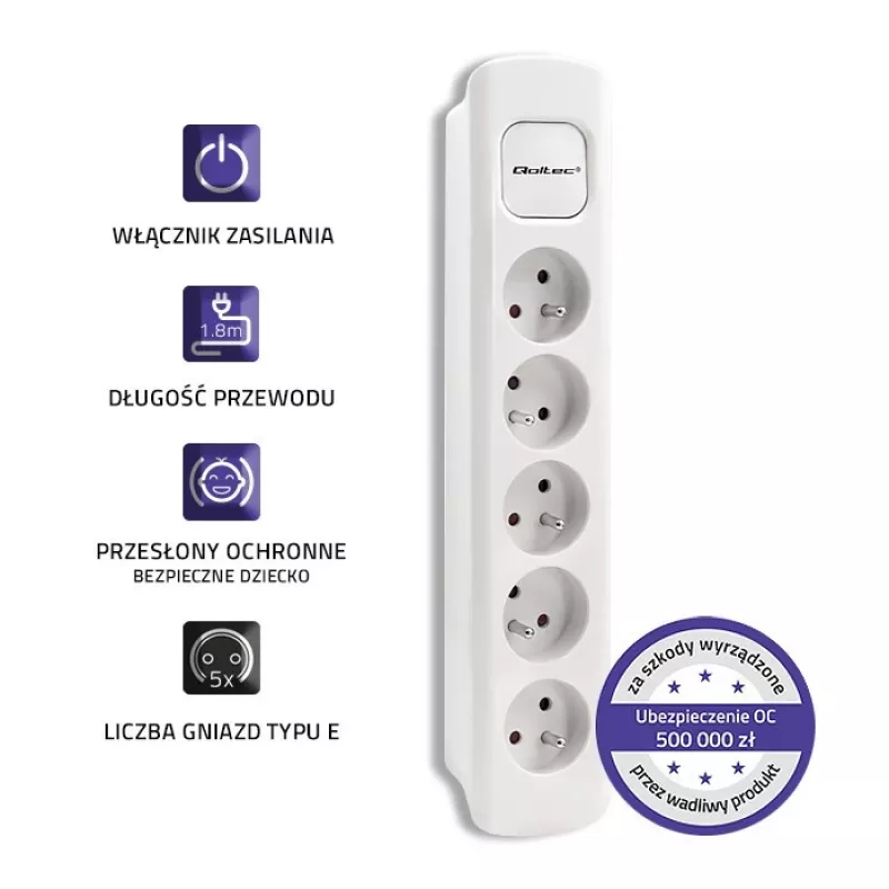 Regleta de alimentación Qoltec 50276 1,8 m 5 tomas de corriente para interior Blanco