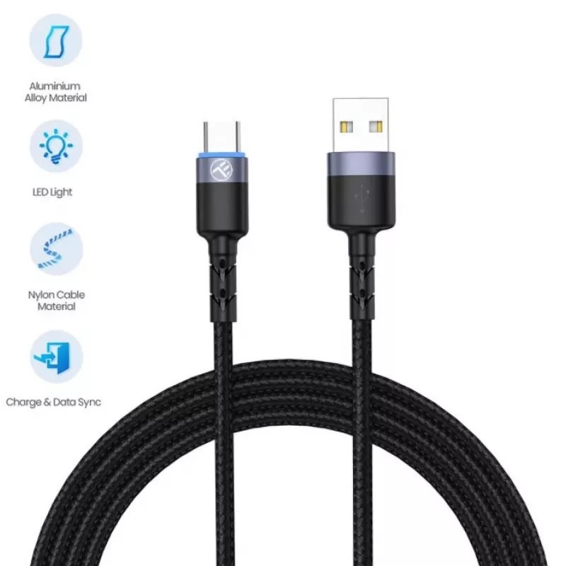 Cable de datos Tellur USB a Type-C LED trenzado de nailon 1,2 m negro