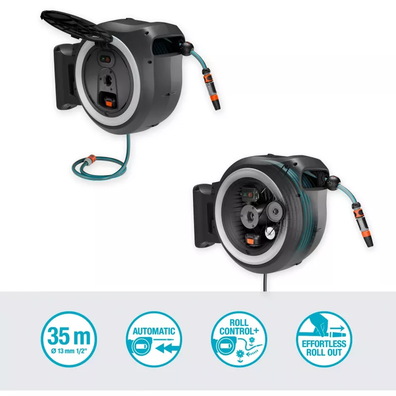 Gardena 18642-20 PowerRoll XL 18V P4A caja de manguera de pared a batería, set, 35 m, gris/blanca