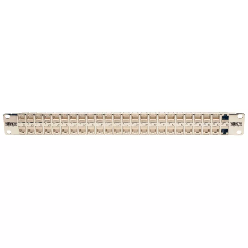 Tripp N254-048-SH-6A 48 puertos 1 U montaje en rack panel de conexiones Cat6a STP blindado pasante - RJ45 Ethernet - TAA - 10 Gigabit Ethernet - RJ-45 - Cat6a - plata - blanco - instalación en rack