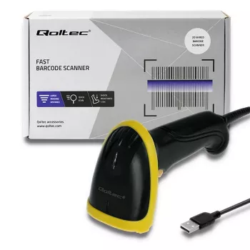 Lector de códigos de barras de mano QOLTEC 50867 — escáner láser 1D/2D, USB con cable, alcance 600 mm, amarillo/negro
