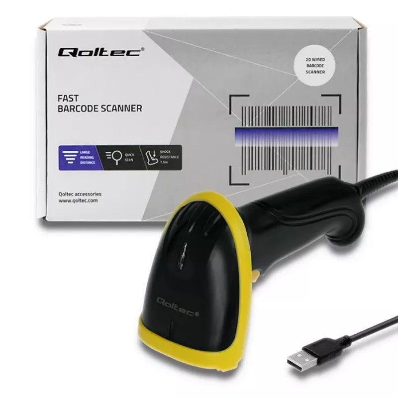 Qoltec 50867 lector láser de códigos de barras 1D/2D, USB, negro