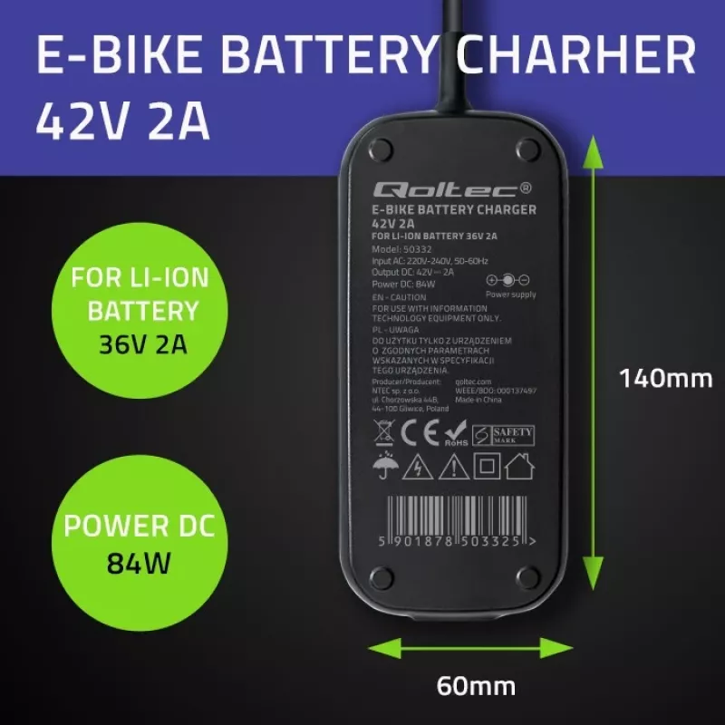Cargador para e-bike QOLTEC 50332 — salida 36V/42V, 2A, conector 5,5×2,1 mm