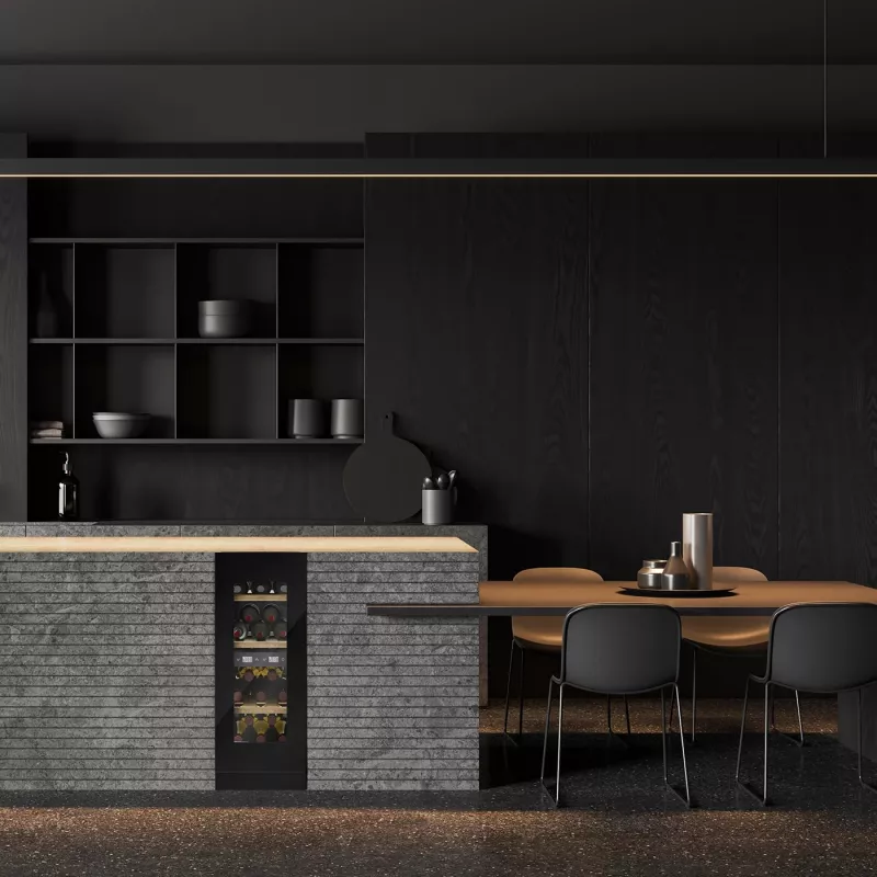 Vinoteca integrable Caso WineDeluxe WDU 18 – capacidad para 18 botellas, clase de eficiencia energética E, negra