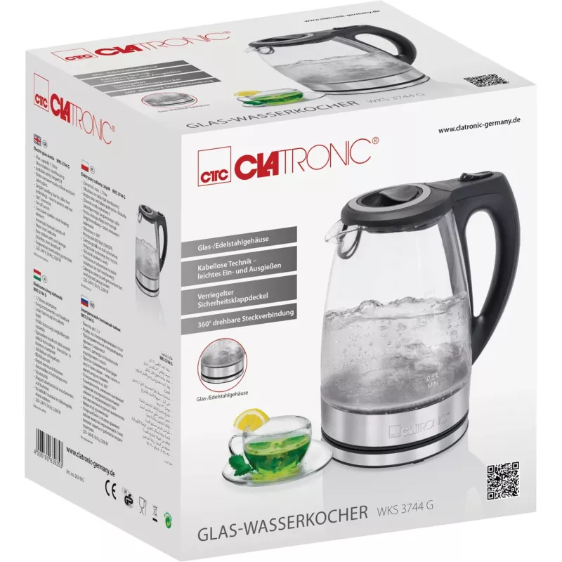 Hervidor de agua CLATRONIC WKS 3744 G — 1,7 L, 2200 W, acero inoxidable/plástico, indicador de nivel de agua