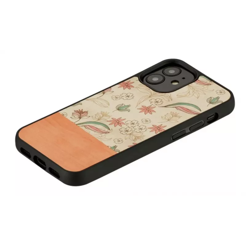 Funda protectora Man and Wood para iPhone 12 mini — flor rosa sobre negro