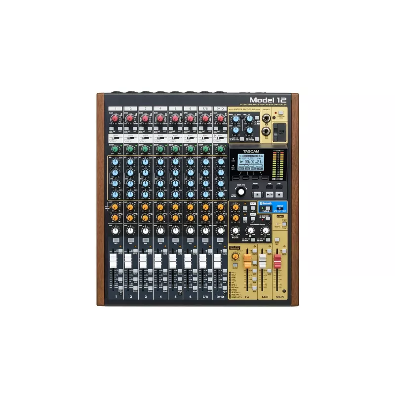 Tascam Model 12 mezclador de 10 canales con grabador de 12 pistas, 20–20000 Hz, negro/madera