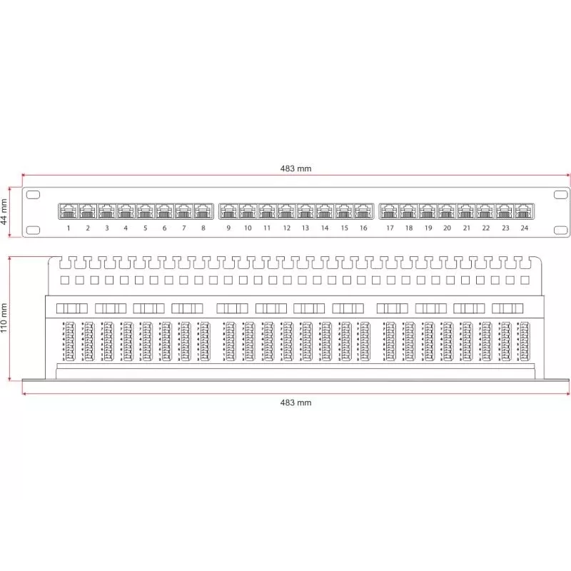 Alantec PK013 panel de parcheo 19" 1U, 24x RJ-45, Cat5e UTP, LSA, con bandeja, negro