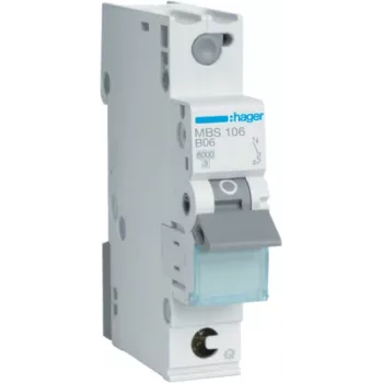 Hager MBS106. Corriente nominal: 6 A, frecuencia de red: 50/60 Hz. Tipo: tipo B, número de módulos (máx.): 1 módulo(s). Ancho: 17,5 mm, profundidad: 70 mm, altura: 83,4 mm (MBS106)