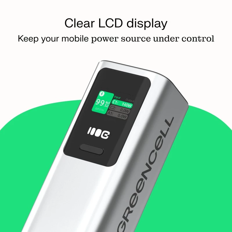 Batería portátil Green Cell PBGC25UD, 25200 mAh, Li‑Ion, 140 W de potencia total, 2× USB‑C + 1× USB‑A, pantalla OLED, carcasa de aluminio