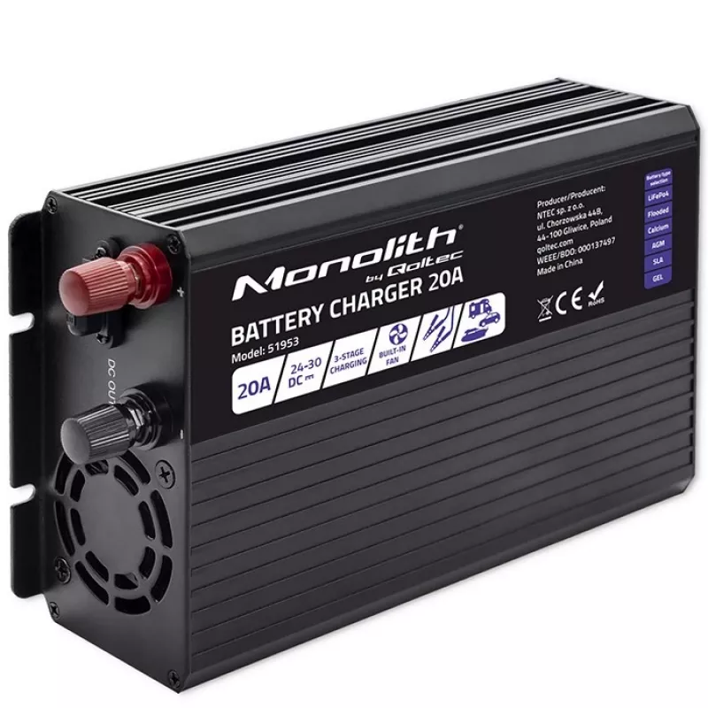 Cargador de baterías inteligente Qoltec Smart Monolith para baterías LiFePO4 AGM GEL SLA | 20A | 24V