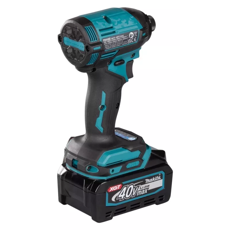Makita TD002GD202 atornillador de impacto inalámbrico, 40 V XGT, sin escobillas, 220 Nm, hexagonal de 1/4", luz LED, con 2 baterías de iones de litio de 2,5 Ah, cargador rápido y maletín