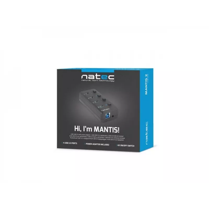 Natec Mantis 2 NHU-1557 hub USB 3.0 de 4 puertos, entrada USB Type-B, interruptores de encendido/apagado, adaptador de corriente, negro