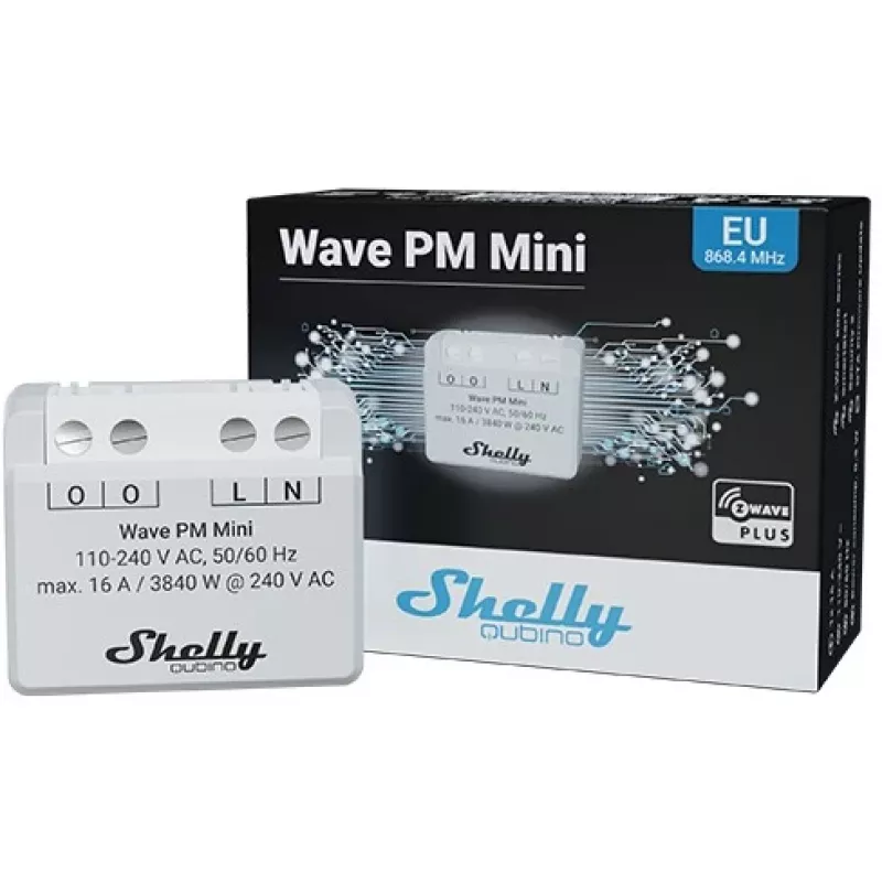 Interruptor inteligente Shelly Qubino Wave PM Mini, 1 canal, empotrable, Z-Wave, inalámbrico, 110–240 V AC / 24–30 V DC, gris
