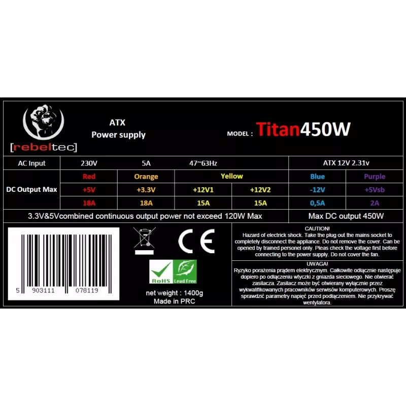 Fuente de alimentación ATX ver2.31 TITAN 450W