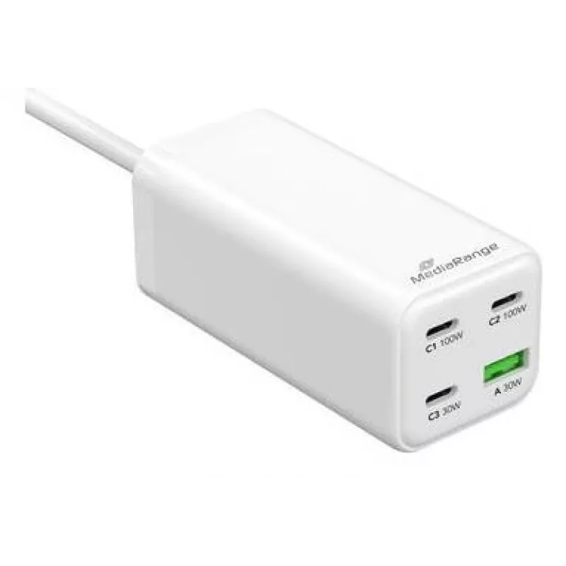 Cargador móvil MediaRange MRMA124 100W AC, 3x USB-C, entrada 100–240V, cable de 1,5 m, Blanco