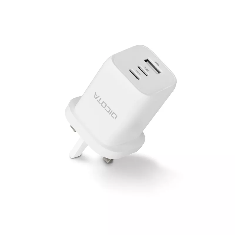 Fuente de alimentación Dicota - compacta, GaN - 65 vatios - 5 A - PD 3.0 - 3 puertos de salida (2 x USB-C, USB)