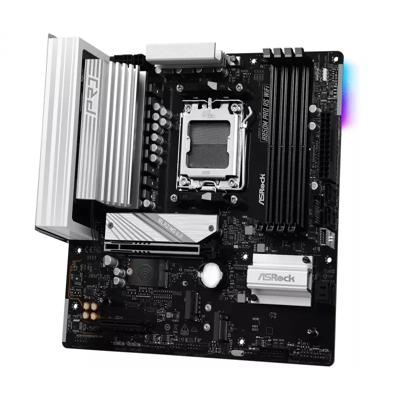 Placa base ASRock B850M Pro RS WiFi — AMD B850, socket AM5, microATX, DDR5, 4 DIMM, 256GB, Wi-Fi 6E, 2.5Gb LAN, 3x M.2
