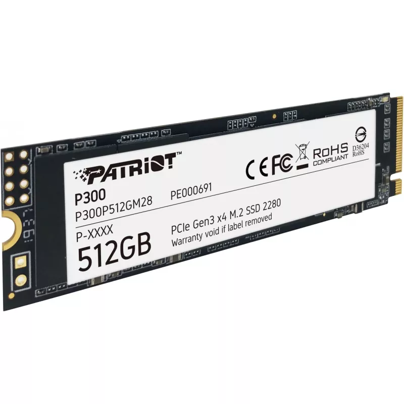 SSD interna PATRIOT P300 512 GB M.2 PCIe NVMe — Lectura 1700 MB/s, Escritura 1200 MB/s, 3D NAND, 3,8 mm, TBW 240